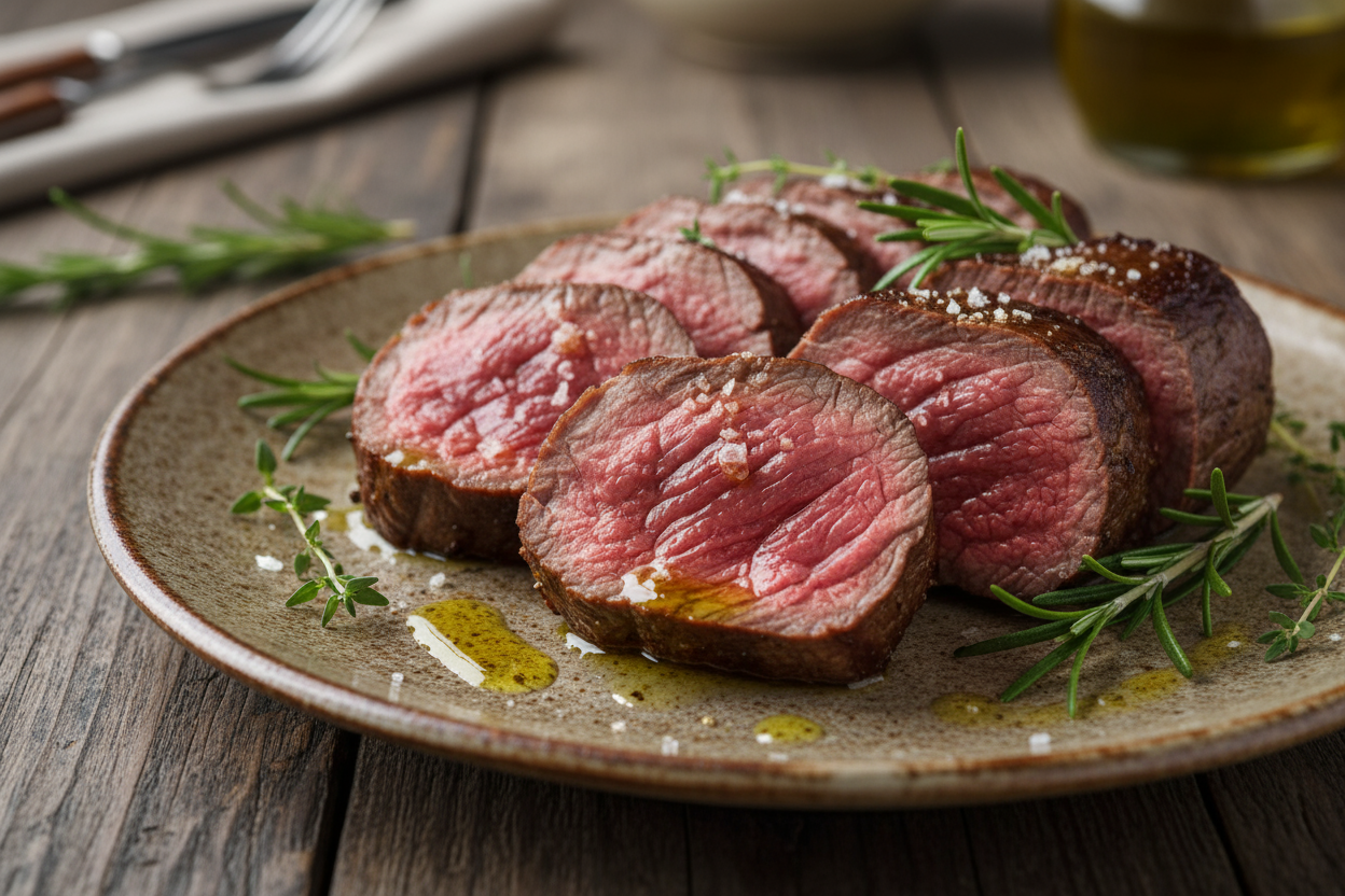 A roasted beef Tenderloin sliced and plated with herbs, topped with sea salt and olive oil