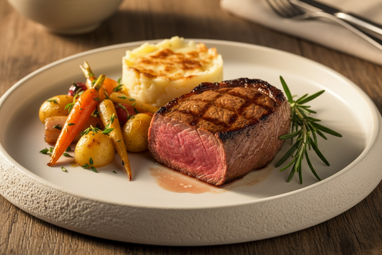 Beef filet cooked and served on plate