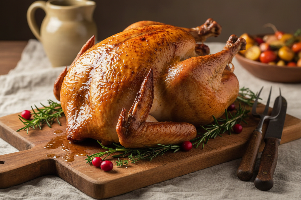 Roasted whole turkey on a wooden cutting board